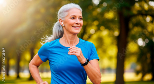 Senior woman wearing smart watch and earbuds running in park