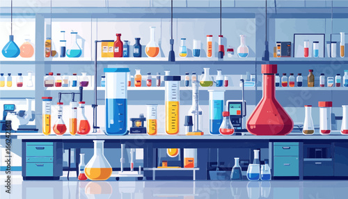 Flat vector set of science measuring instruments including laboratory glassware, digital balance, pipette, and burette isolated on white background.