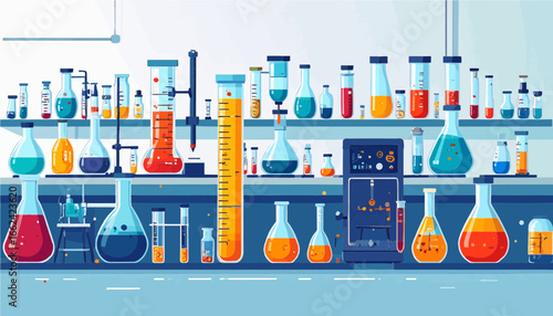 Flat vector set of science measuring instruments including laboratory glassware, digital balance, pipette, and burette isolated on white background.