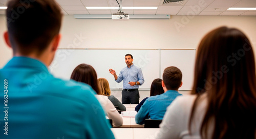 Professor gesturing while giving lesson to university students in classroom