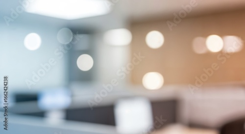 Blurred office interior background with bokeh lights. Abstract and modern corporate workspace for business presentations or virtual meetings.