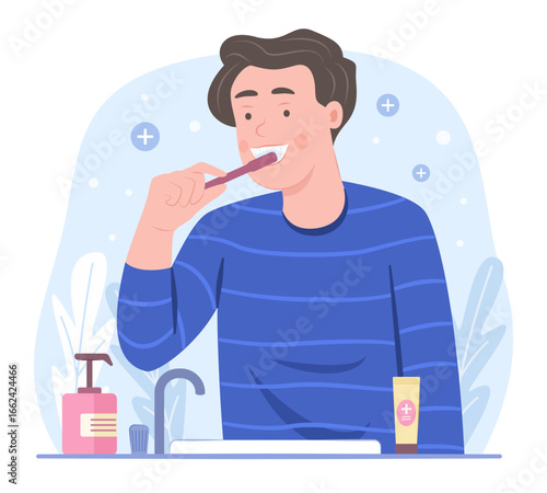 Happy Young Man Brushing Teeth for Dental Healthcare and Daily Hygienic Lifestyle Routine Concept Illustration