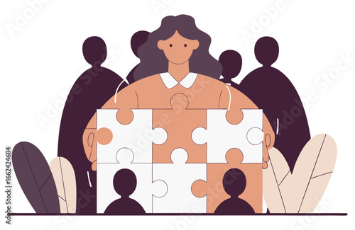 A woman holds puzzle pieces, symbolizing teamwork and collaboration, with silhouettes of people behind her. The image represents the importance of putting the pieces together for a common goal.