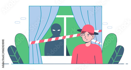 A person stands in front of a window with a menacing silhouette behind it, separated by caution tape. This image represents themes of danger, paranoia, and the feeling of being watched.