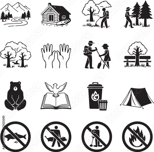 Mountain landscape cabin hikers trees bear book trash can tent signs