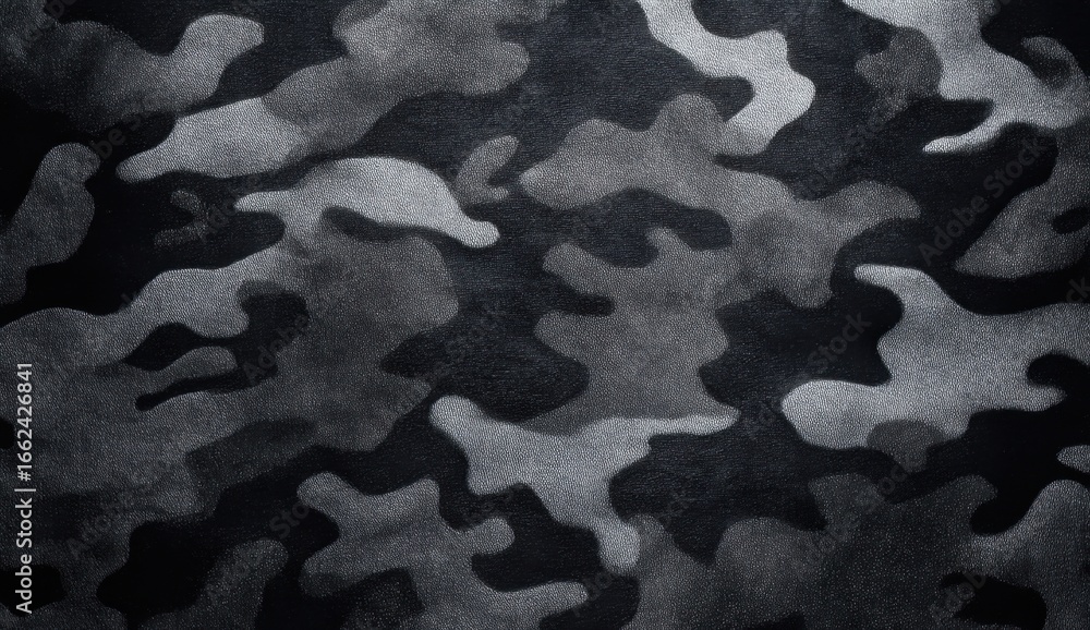 Naklejka premium Close-up of a black and gray camouflage pattern fabric with irregular shapes and textures