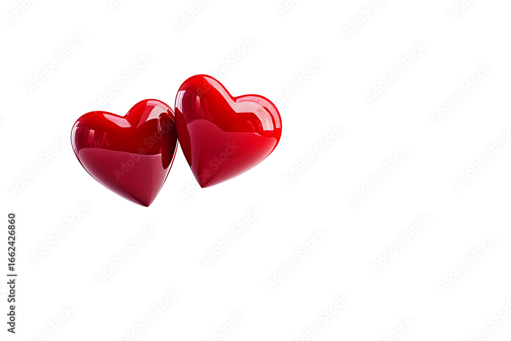 Fototapeta premium Two red hearts are positioned together on a background, reflecting light and showing smooth surfaces.