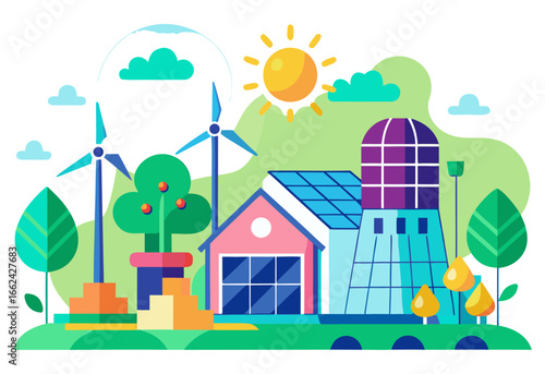 An eco-friendly farm with wind turbines, solar panels on a barn, and a water tower under the sun, representing sustainable agriculture and renewable energy sources.