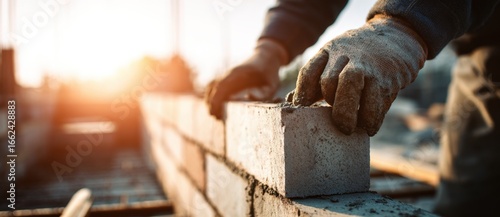 Close-up of construction workers wearing gloves handling wooden planks at sunset