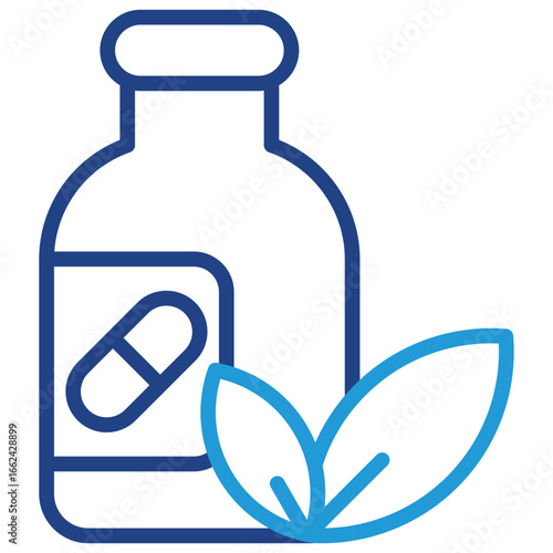 Icon of medicine and bottle with natural ingredients or herbal supplements such as alternative medicine, herbs, natural products, or nutrients derived from nature