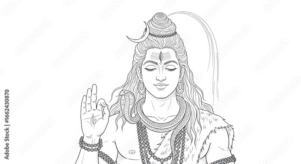 Fototapeta premium Detailed line art illustration of meditating hindu deity Shiva with serene