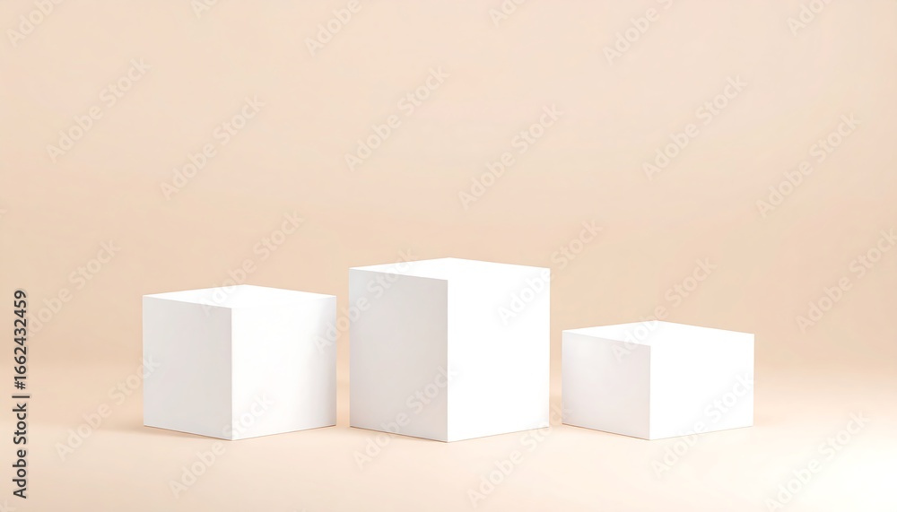 Obraz premium Three white cube display platforms on a beige background.