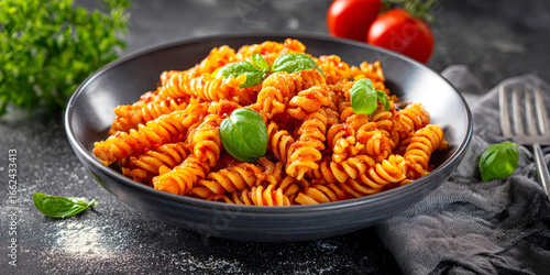 Delicious Fusilli Pasta with Tomato Sauce and Fresh Basil Garnish