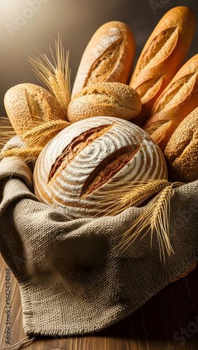 Assortment of Freshly Baked Artisan Bread and Baguettes in a Wicker Basket with Wheat Stalks