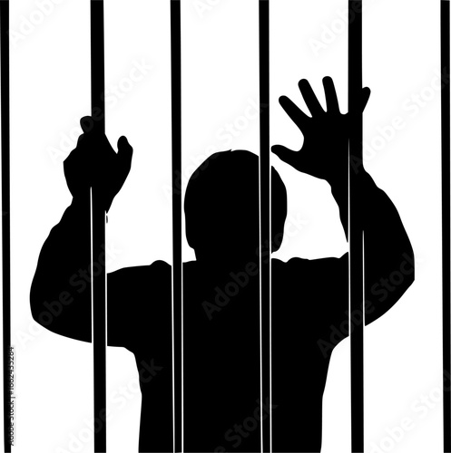 Silhouette of a person behind bars reaching out with hands in a desperate attempt for freedom or escape | editable eps vectors