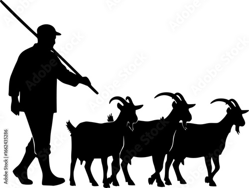 Silhouette of a shepherd walking with a stick and herding three goats in a black and white illustration editable eps vectors