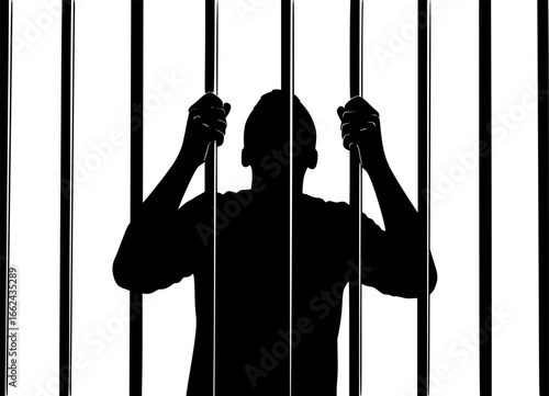 Silhouette of a person behind bars reaching out with hands in a desperate attempt for freedom or escape | editable eps vectors