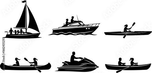 Collection of six boating icons depicting different types of boats and watercrafts with people riding 100 | editable eps vectors silhouette