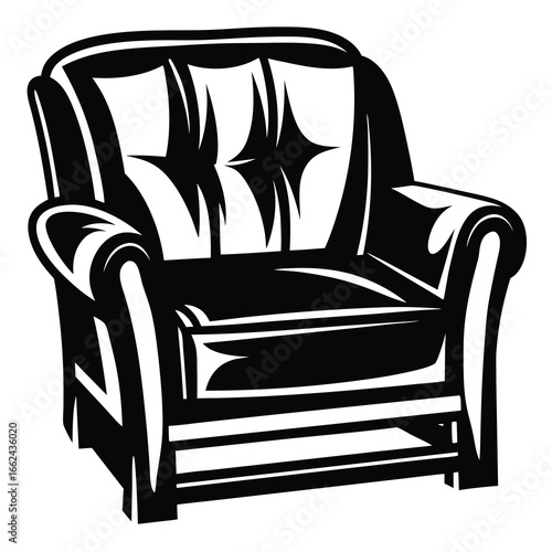 A striking black and white illustration of an upholstered armchair with thick outlines
