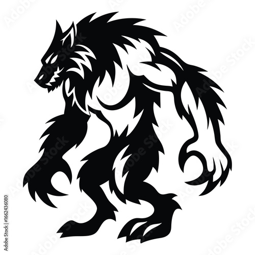 Tribal werewolf graphic in silhouette, standing on its hind legs
