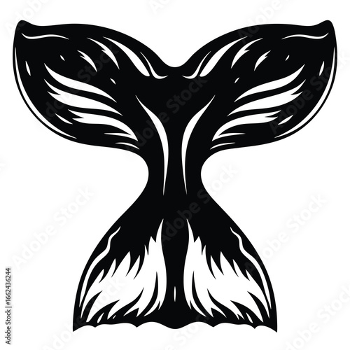 Stylized black and white vector drawing of a whale tail in silhouette