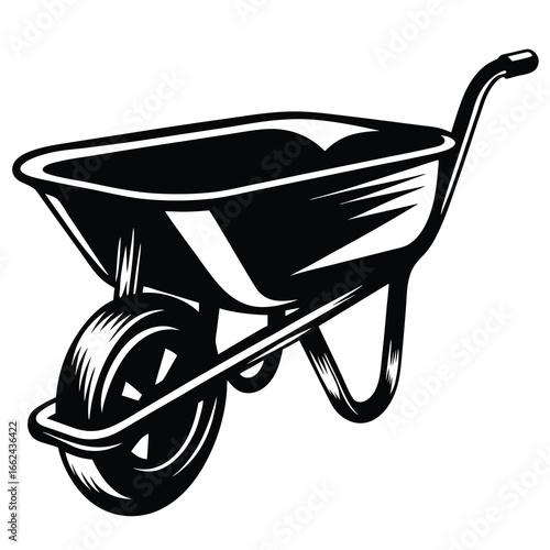Monochrome illustration of a vintage style wheelbarrow used for gardening and construction