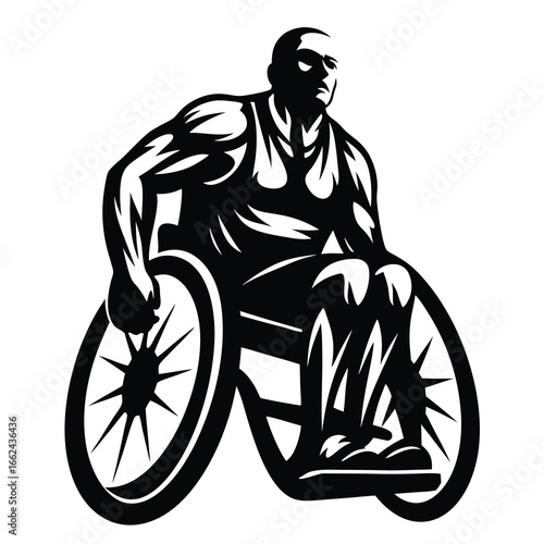 Monochromatic illustration of a muscular man in a wheelchair racing hard