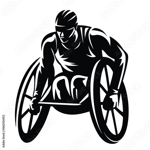 Monochromatic illustration of a disabled athlete racing in a wheelchair sport