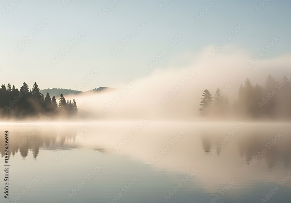 Obraz premium Misty lake reflections during a tranquil dawn in a serene natural landscape with coniferous forests