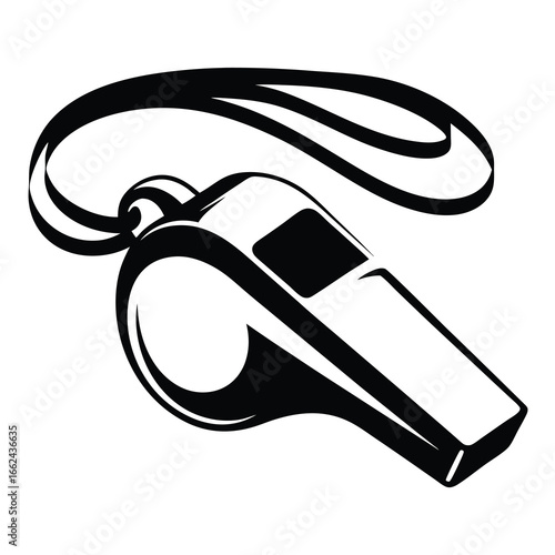 Black and white illustration of a whistle with a black cord neck strap