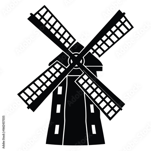 Silhouette of a classic windmill with turning blades against a white background
