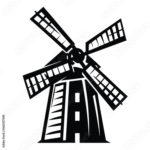 Iconic black and white Dutch windmill illustration, isolated and simplistic design