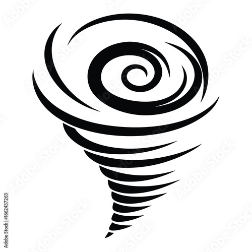 Dramatic swirling tornado illustration with bold black lines on a white background