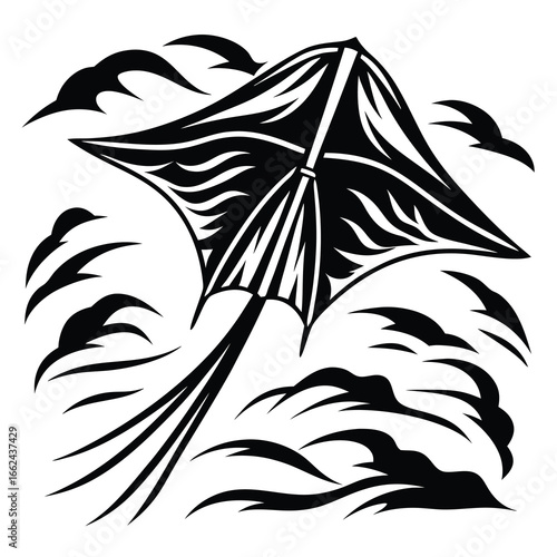 Monochrome vector art of a kite flying amid stylized clouds or waves