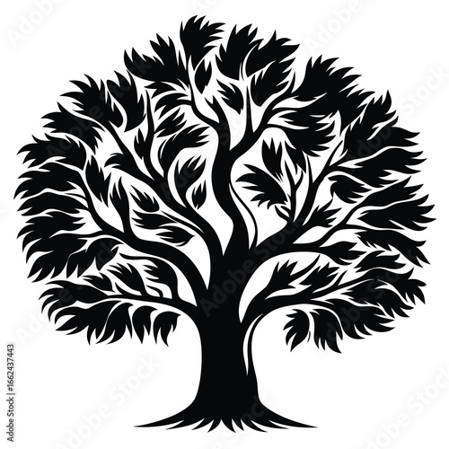 A striking silhouette of a majestic tree with dense and intricate foliage