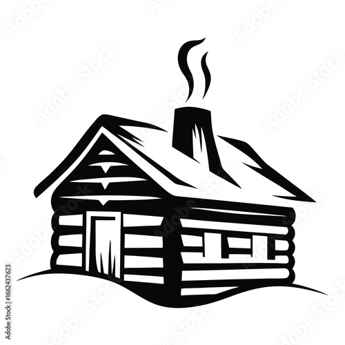 Stylized Log Cabin Silhouette on Snow, Simple Design Illustration, Homey Concept