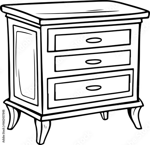 "Classic Wooden Dresser Vector – Elegant Chest of Drawers Illustration with Curved Legs & Panel Detailing for Furniture, Interior & Design Assets"