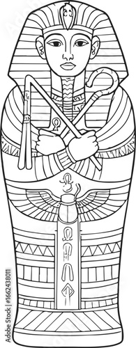 "Ancient Egyptian Sarcophagus Vector – Mythic Burial Illustration with Crook, Flail & Hieroglyphic Patterns for Historical, Educational & Cultural Assets"