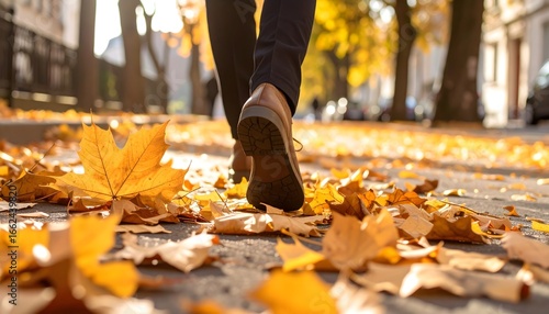 Enjoying a peaceful autumn stroll as golden leaves carpet the urban pathway underfoot