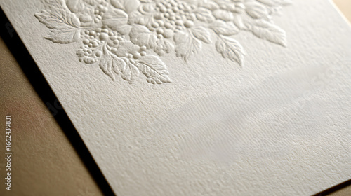Minimalist Wedding invitation announcement. Close-up of embossed floral pattern on textured paper, elegant luxury stationery