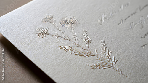 Minimalist Wedding invitation announcement. Embossed botanical wedding invitation on textured ivory paper
