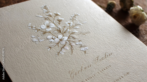Minimalist Wedding invitation announcement. Elegant embossed floral wedding invitation on textured cream paper