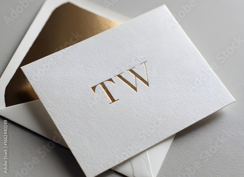 Minimalist Wedding invitation announcement. Elegant monogrammed wedding invitation card with gold lined envelope