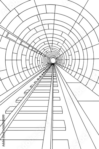 Railway Tunnel Line Art with Perspective Tracks – Black and White Illustration of Geometric Passage for Travel, Engineering, and Educational Themes