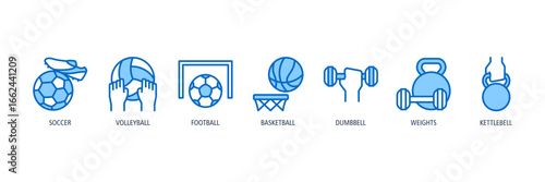 Team Sports Action Outline Blue Icons Web Banner – soccer, volleyball, football, basketball, dumbbell, weights, kettlebell