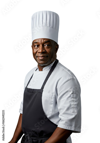 Black Chef Man in Uniform with Apron and Hat, Transparent Background