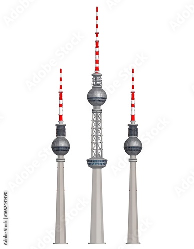 Three stylized radio towers