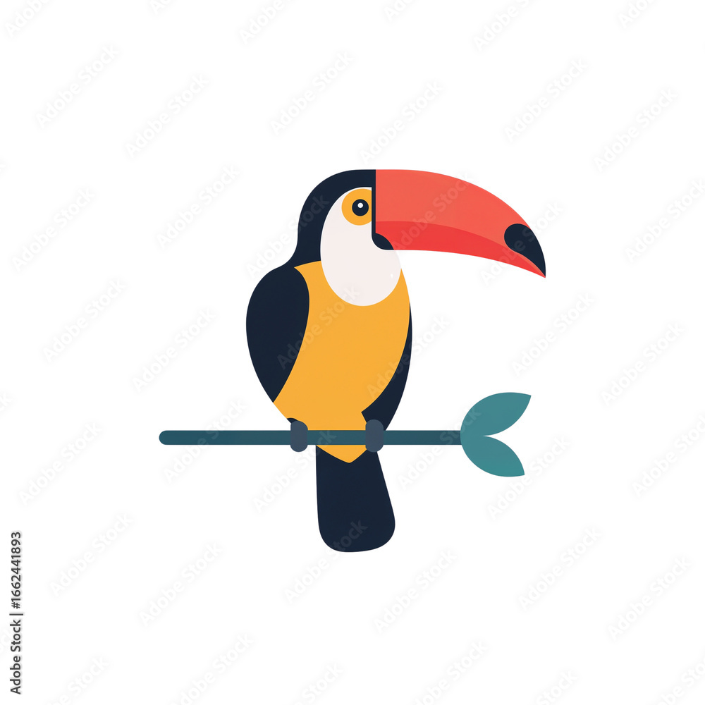 Fototapeta premium Vibrant toucan illustration perched on a twig with vector aesthetic and whimsical charm on