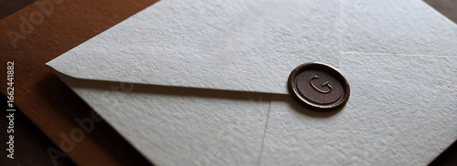 Minimalist Wedding invitation announcement. Textured envelope with wax seal in warm light, luxury stationery closeup