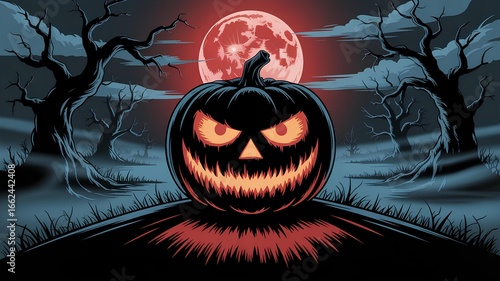 A scary Halloween vector image with pumpkin and trees and red moon ,Halloween season